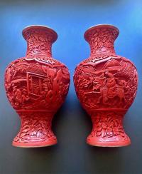Вазы парные красный лак Китай 1950е.